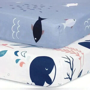 Kids Crib Twin Sheet Set Blue Whale Fish Ocean Theme